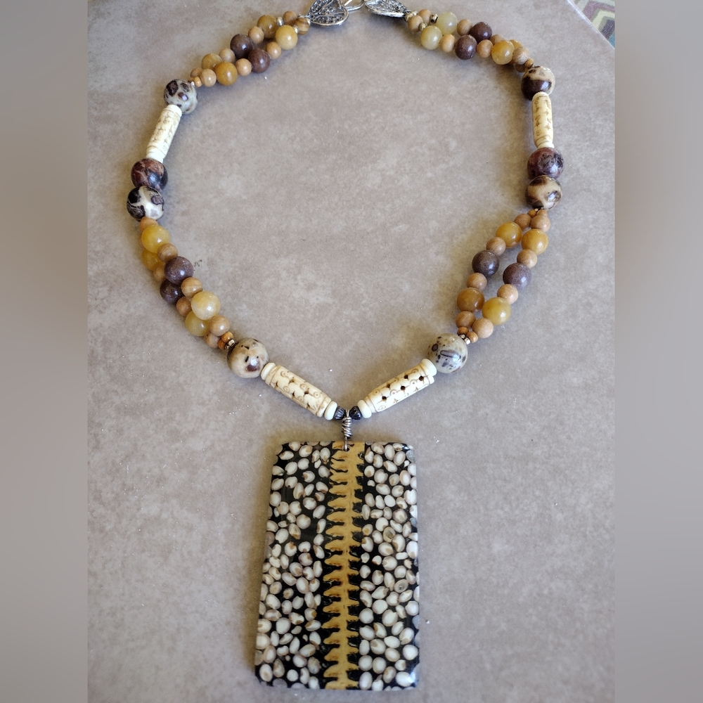 Inlaid Pendant Necklace/Bone Jasper Agate/Artisan/Unique/ See Pics/ SS Bali